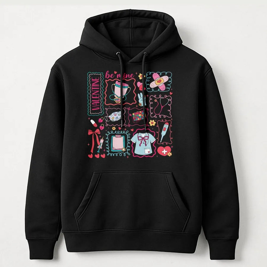 Nurse Valentine Hoodie | Be Mine Medical Heart Graphic | Premium Cotton Blend | Gift For RN Nursing Students And Healthcare Workers