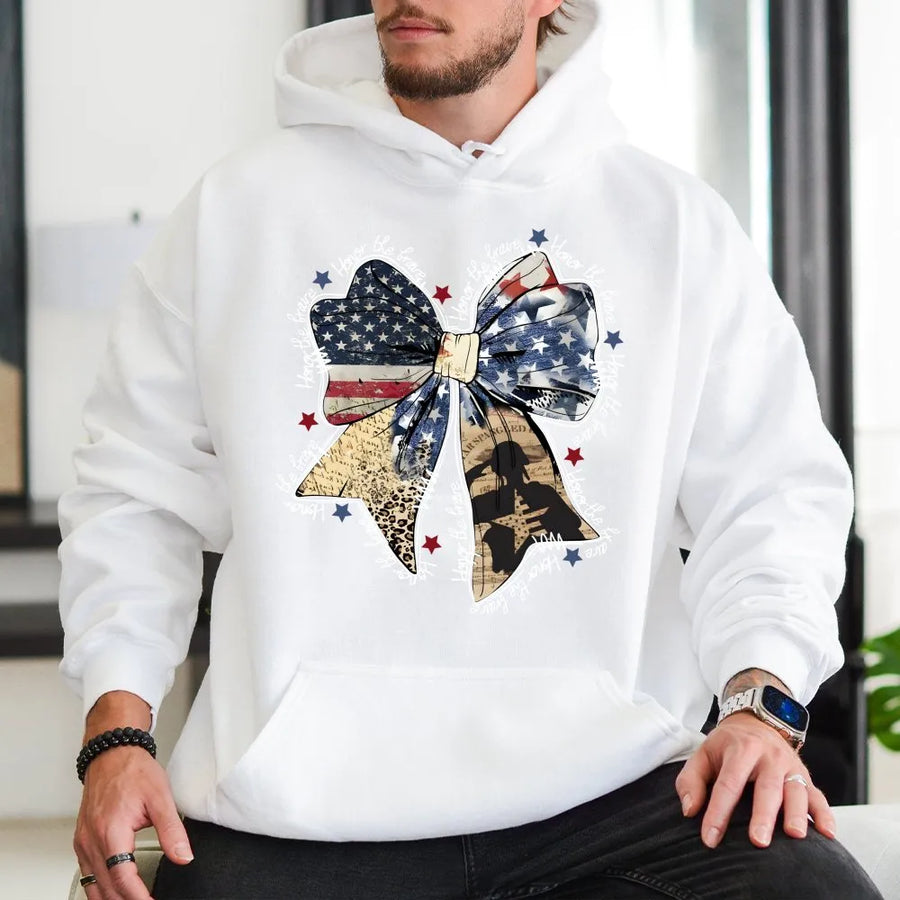 American Flag Coquette Bow Hoodie | Patriotic Distressed Print | Premium Cotton Blend | Gift For Women And Fourth Of July Enthusiasts