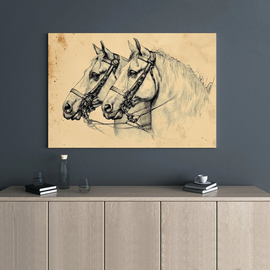 Equestrian Wall Art Canvas | Vintage Two Horses Sketch Drawing | Premium Gallery Wrapped Decor | Horse Lover Farmhouse Gift
