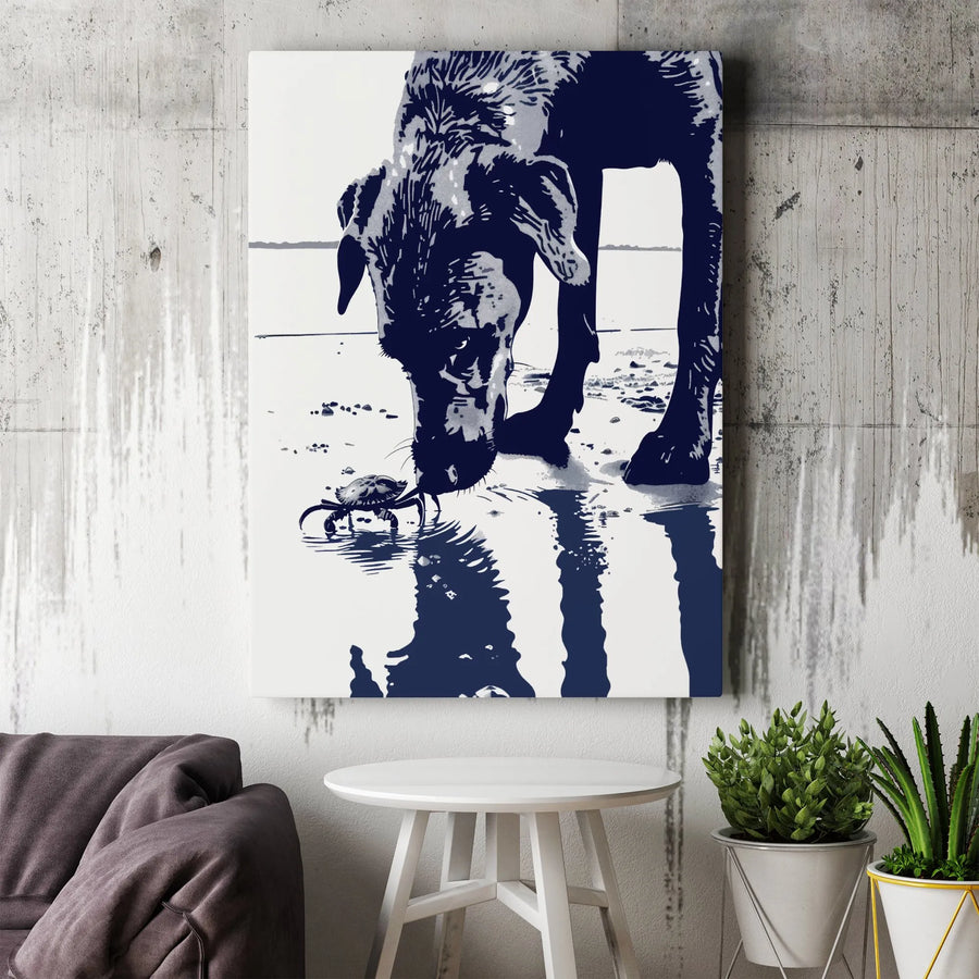 Dog and Crab Beach Wall Art | Minimalist Coastal Graphic Print | Premium 1.25-Inch Thick Canvas | Perfect Gift for Dog Lovers & Beach House Decor