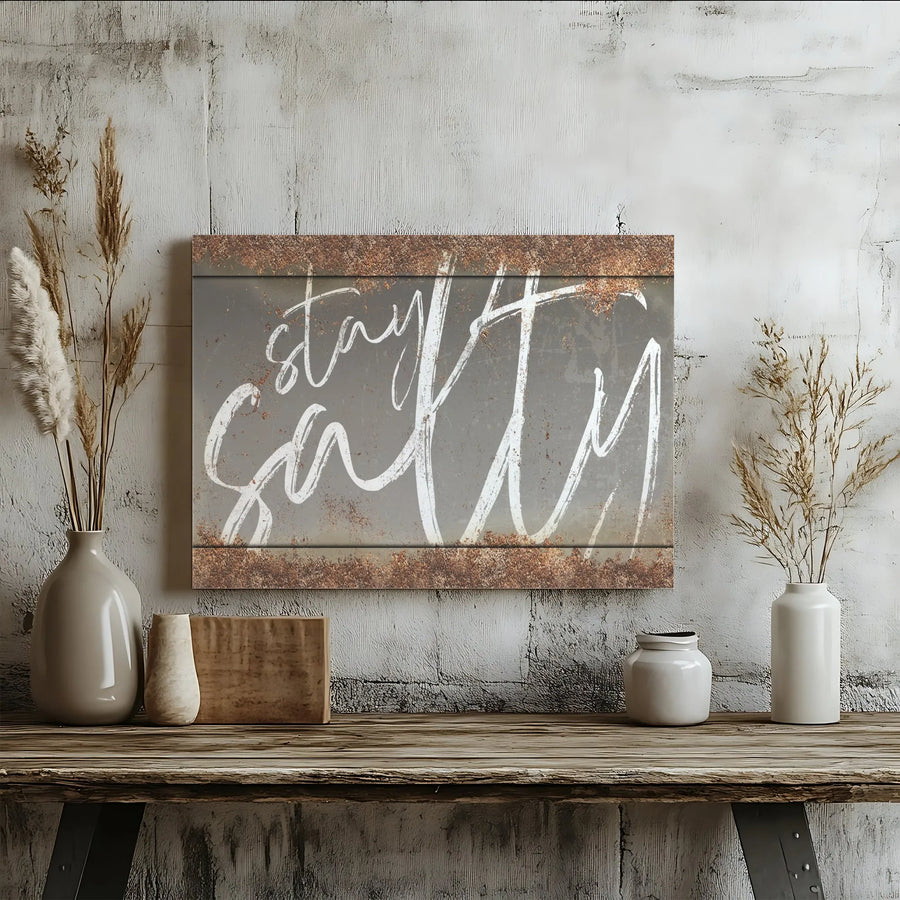 Stay Salty Canvas Wall Art | Industrial Rusted Metal Effect Print | Premium Gallery Wrapped Canvas | Coastal Home & Beach House Gift