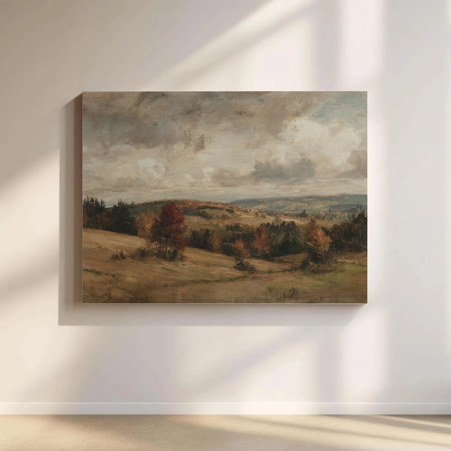 Vintage Autumn Landscape Canvas Wall Art | Moody Pastoral Hills Painting | Premium Fade-Resistant Gallery Wrap | Rustic Home Decor Gift