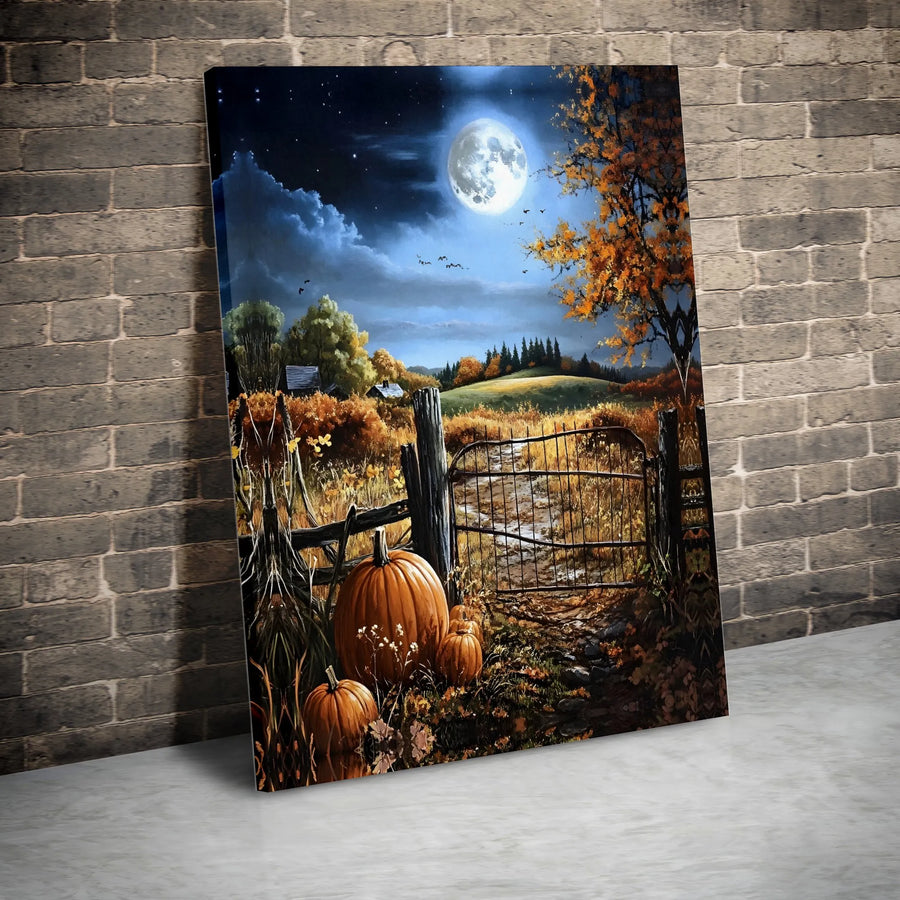 Autumn Farmhouse Canvas Wall Art | Moonlight Pumpkin Patch Scene | Gallery-Wrapped Premium Print | Rustic Fall Home Decor Gift