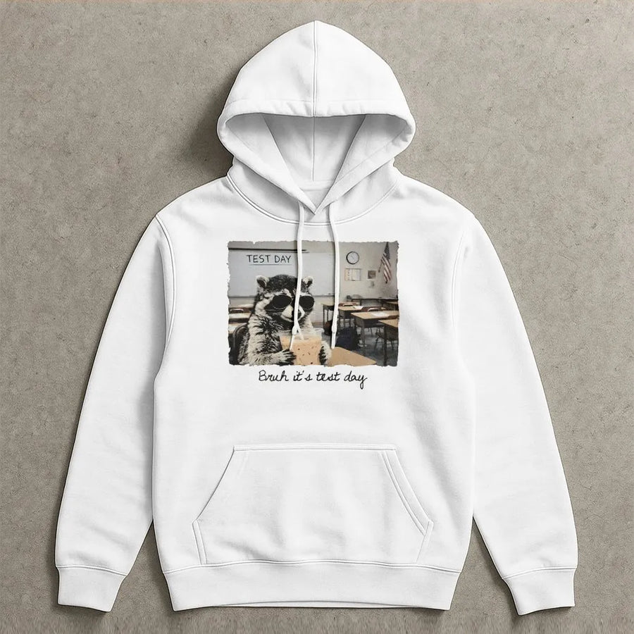 Funny Test Day Hoodie | Raccoon Graphic "Bruh It's Test Day" | Cozy Teacher Crewneck | Student Motivation Gift for Final Exams