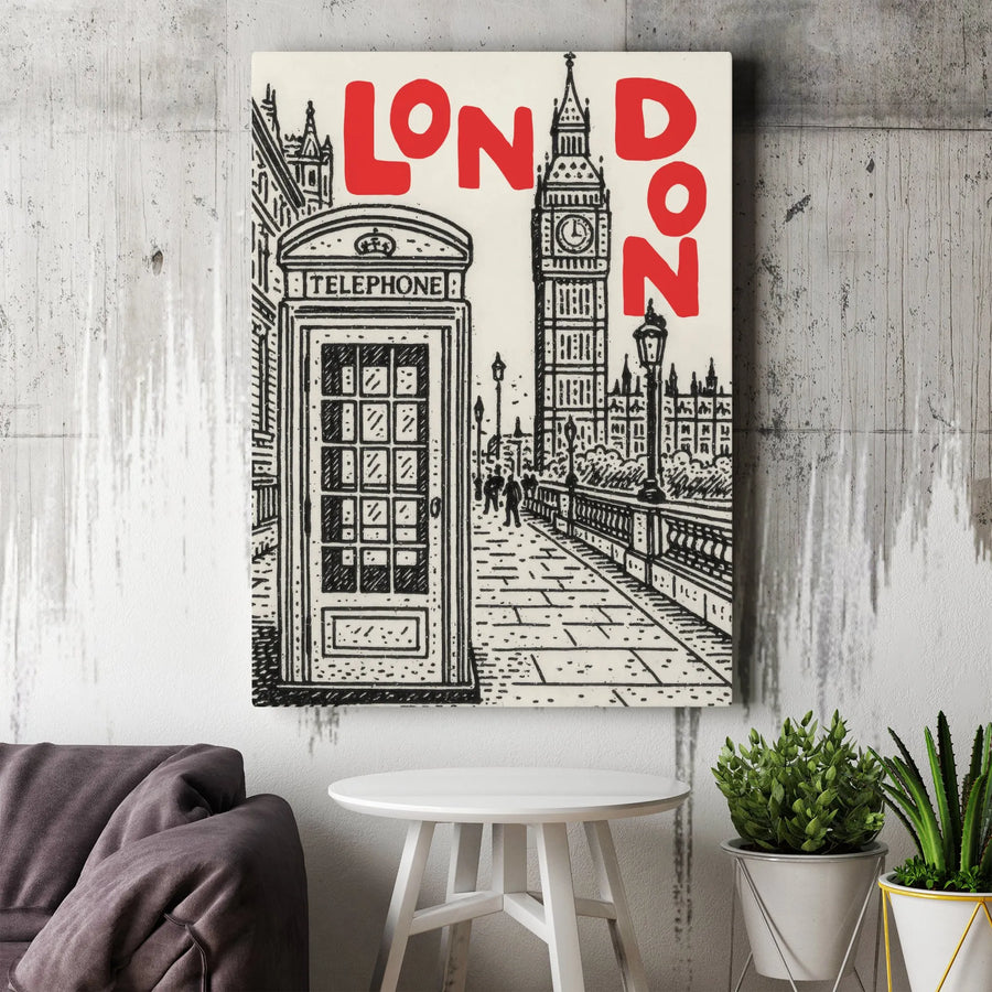 London City Sketch Vertical Canvas | Big Ben & British Telephone Box Art | Premium 1.25 Inch Frameless Print | Travel Lover Gift & Home Wall Decor