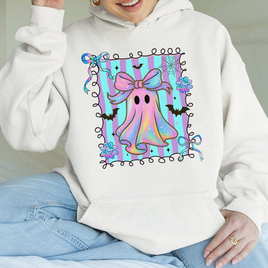 Coquette Ghost Hoodie | Iridescent Pastel Bow Aesthetic | Soft Cotton-Blend Premium Apparel | Cute Spooky Halloween Gift for Her