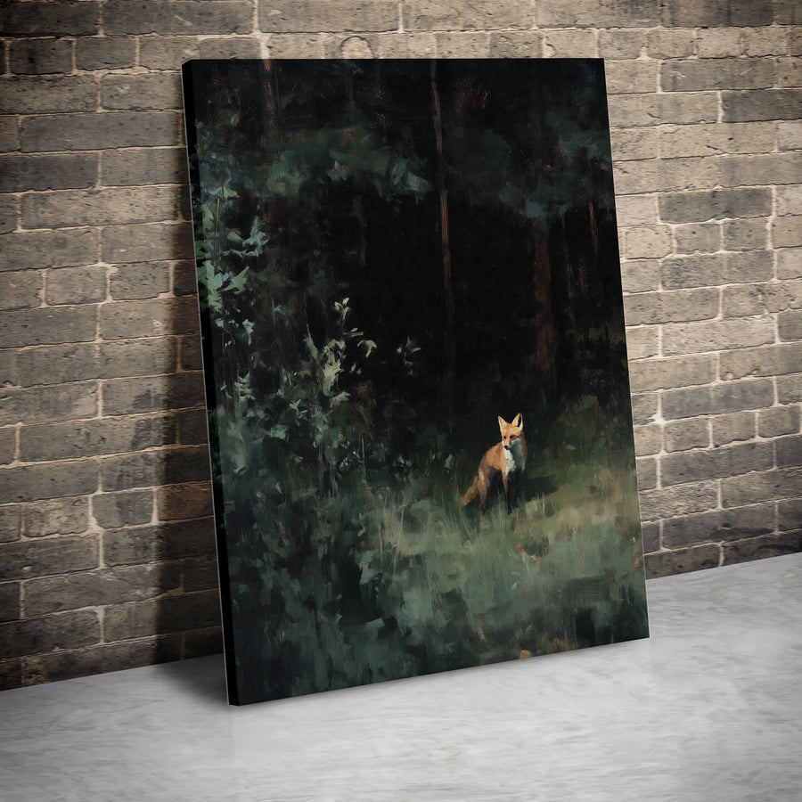 Red Fox Canvas Wall Art | Moody Forest Oil Painting Style | Premium Gallery Wrap | Nature Lover Home Decor Gift
