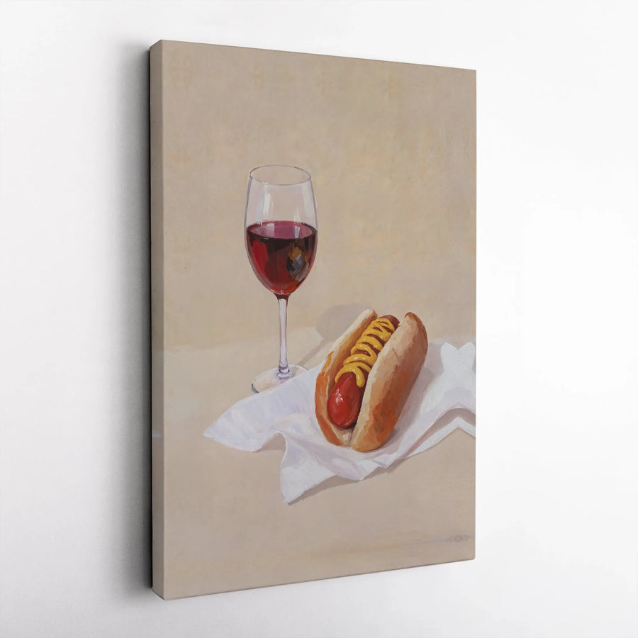 Hot Dog and Red Wine Still Life Canvas | Quirky Kitchen Wall Art | Premium Gallery Wrapped Decor | Unique Foodie Gift for Home Kitchen