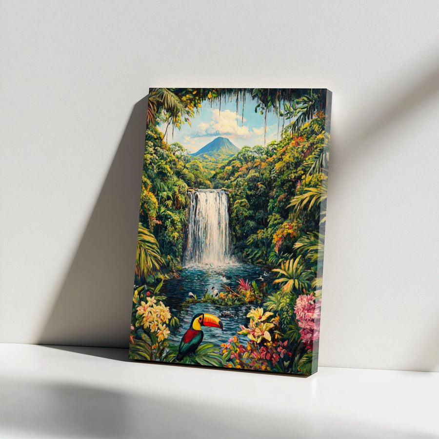 Jungle Waterfall Canvas Print | Tropical Toucan and Volcano Art | Premium Fade-Resistant Canvas | Nature Lover Wall Decor Gift