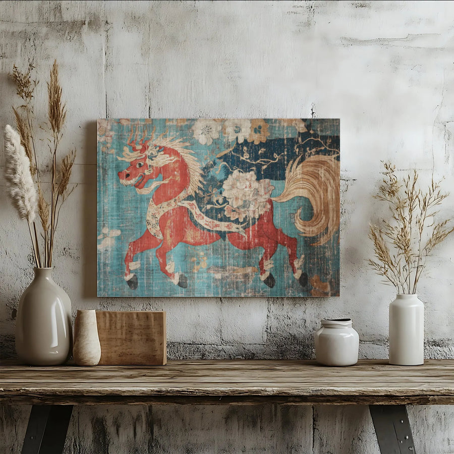 Vintage Asian Red Dragon Horse Wall Art | Mythical Creature Aesthetic | Premium Gallery Canvas | Home & Office Decor Gift