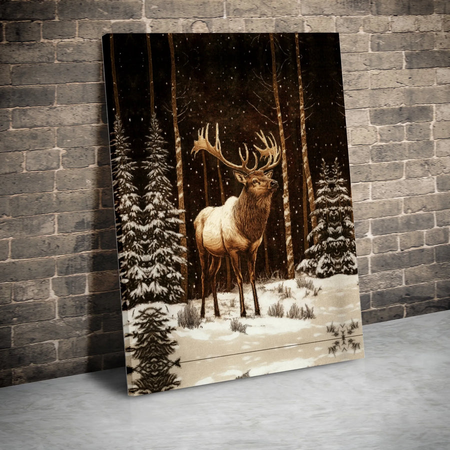Majestic Elk Wall Art | Snowy Winter Forest Landscape | Premium Gallery Canvas | Nature Lover Home Decor Gift