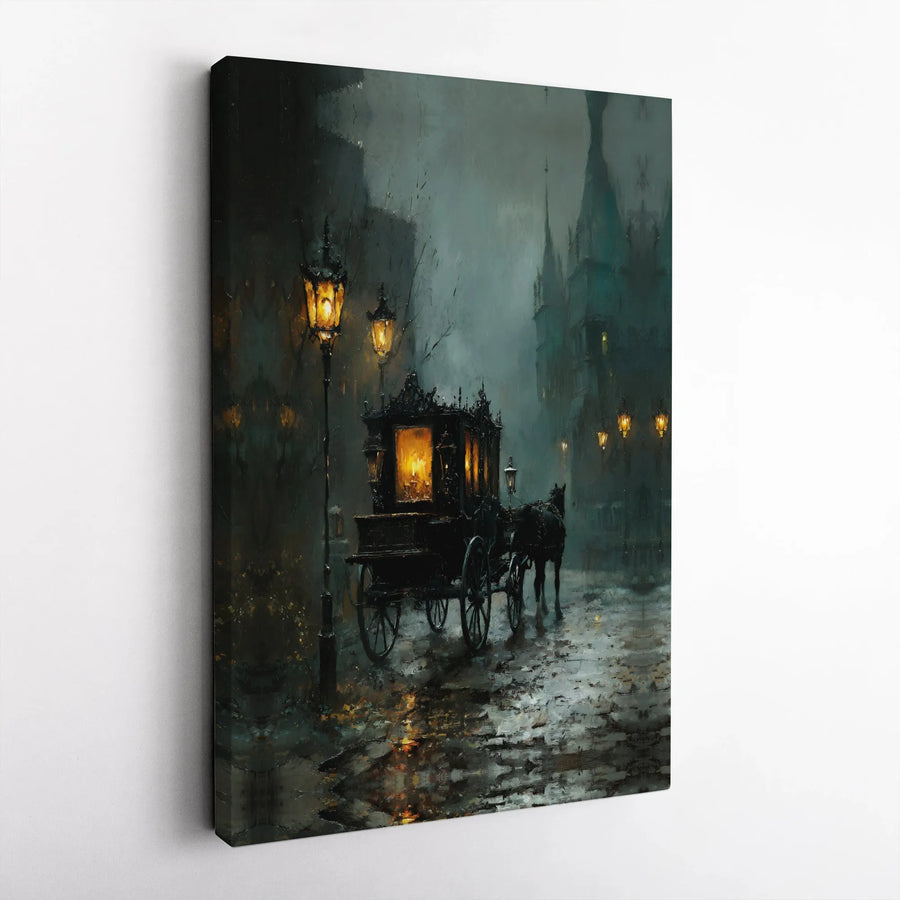 Victorian Gothic Wall Art | Foggy Horse-Drawn Carriage Scene | Premium Gallery-Wrapped Canvas | Dark Academia Home Decor Gift
