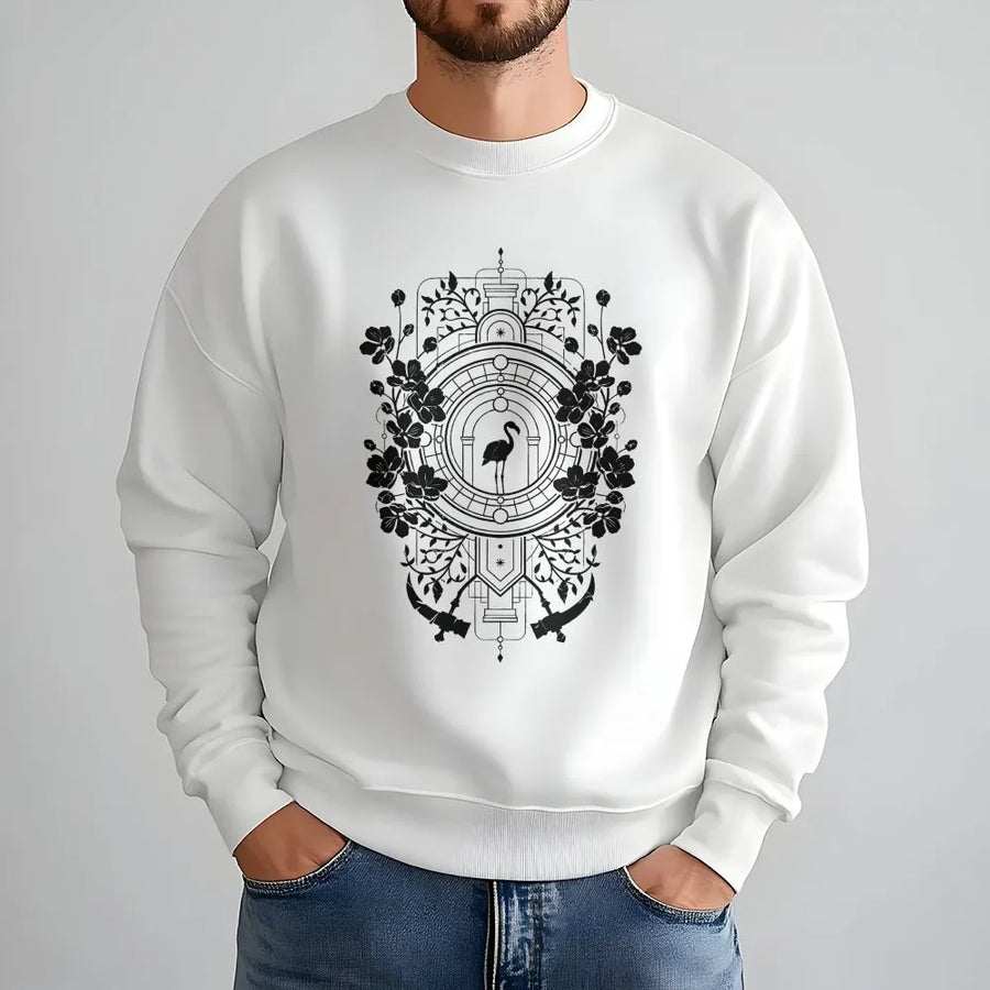 Flamingo Graphic Sweatshirt | Geometric Floral Art Print | Cotton-Poly Blend Premium Crewneck | Unique Nature Lover Gift for Men and Women