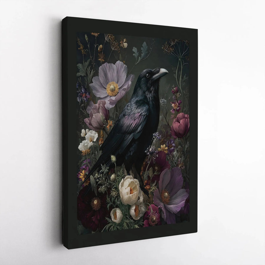 Gothic Raven Canvas Wall Art | Moody Dark Botanical Floral Print | Premium Gallery Wrapped Decor | Gift for Witchy Home Aesthetic