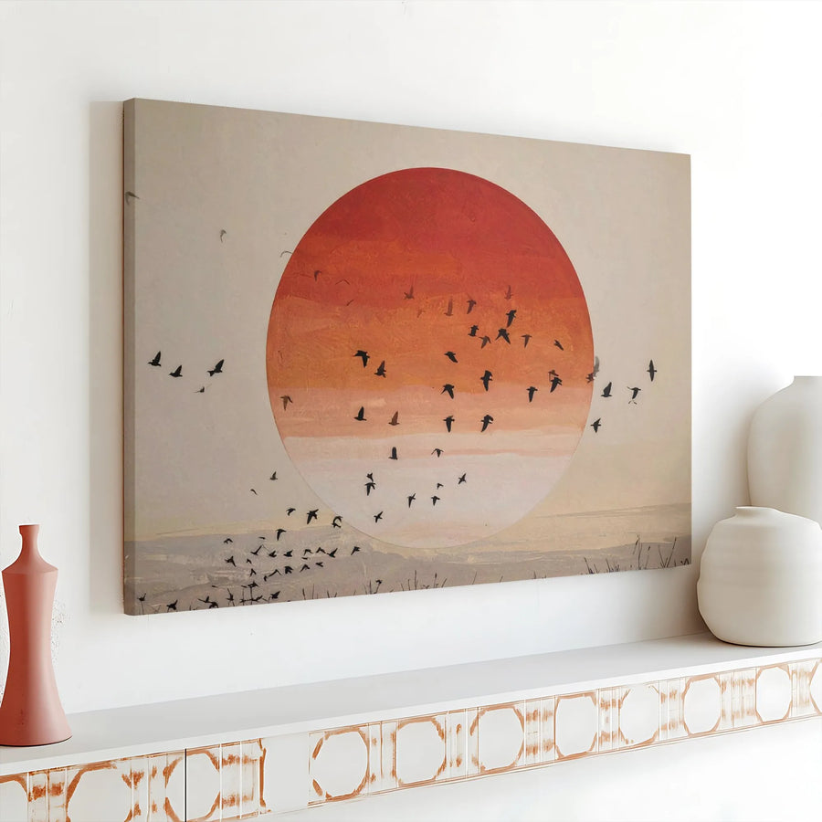 Japanese Red Sun Canvas Wall Art | Minimalist Bird Flock Landscape | Premium Gallery Wrap Print | Modern Living Room Home Decor