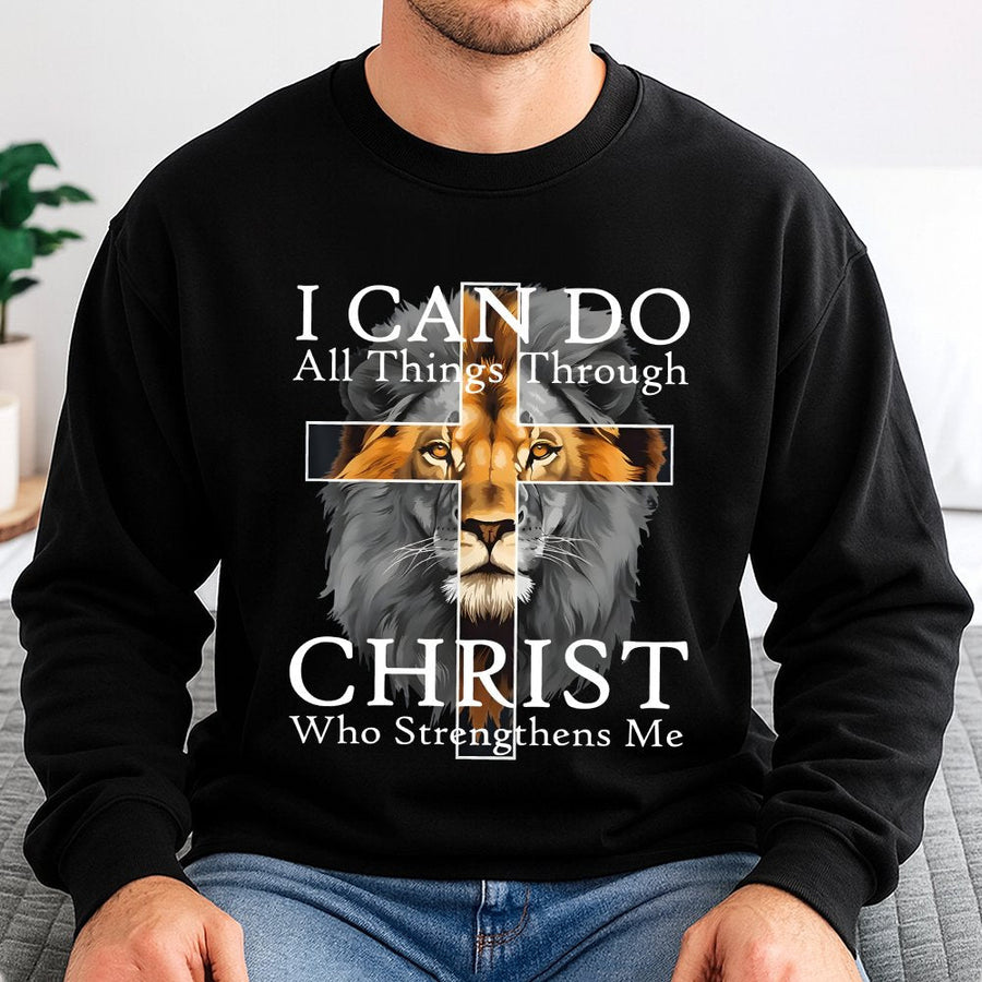 I Can Do All Things Through Christ Sweatshirt | Lion Cross Religious Graphic | Premium Cotton Blend | Inspirational Christian Gift for Faith