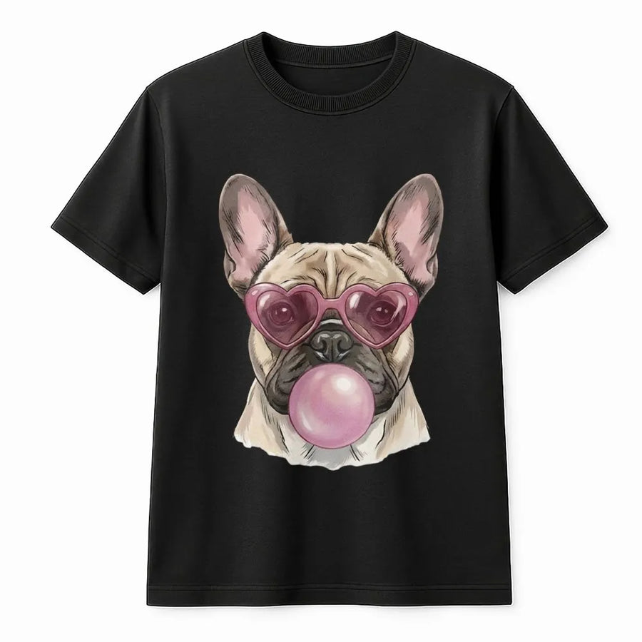 French Bulldog T-Shirt | Heart Glasses Bubblegum Dog Design | Premium Cotton Graphic Tee | Cute Valentine’s Day Gift For Dog Lovers