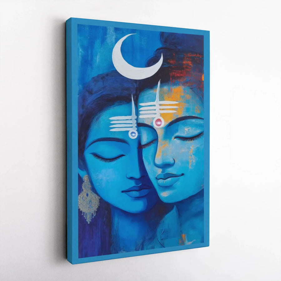 Ardhanarishvara Canvas Art | Shiva Parvati Spiritual Blue Wall Decor | Premium Stretched Gallery Wrap | Hindu Meditation Home Gift