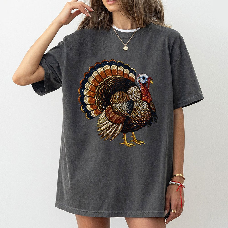 Thanksgiving Turkey T-Shirt | Faux Rhinestone Gem Graphic Design | 100% Cotton Premium Quality | Festive Fall Holiday Gift for Men & Women