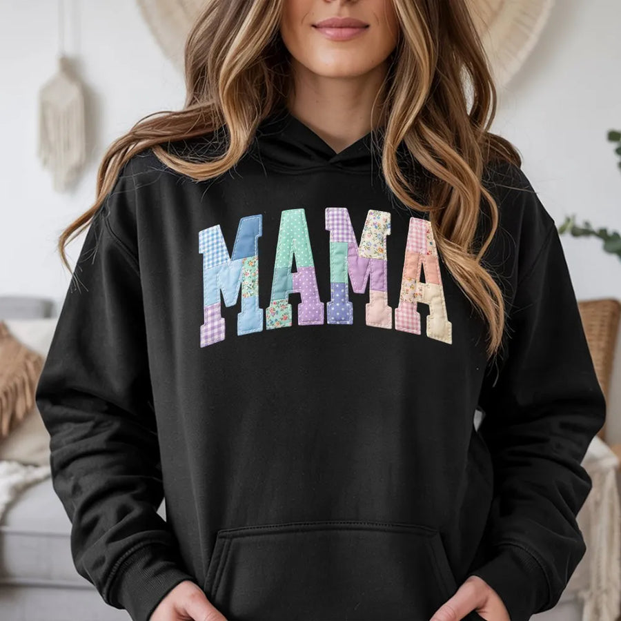 Floral Mama Hoodie | Faux Patchwork Varsity Letters | Cozy Cotton Blend | Cute Cottagecore Gift for Mom