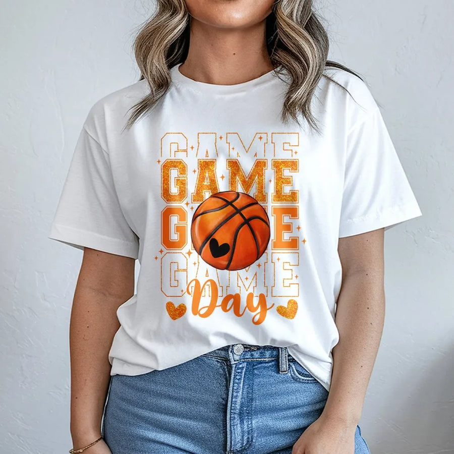 Basketball Game Day T-Shirt | Glitter Heart Graphic Print | Premium Soft Cotton | Basketball Mom Gift For Sports Fan