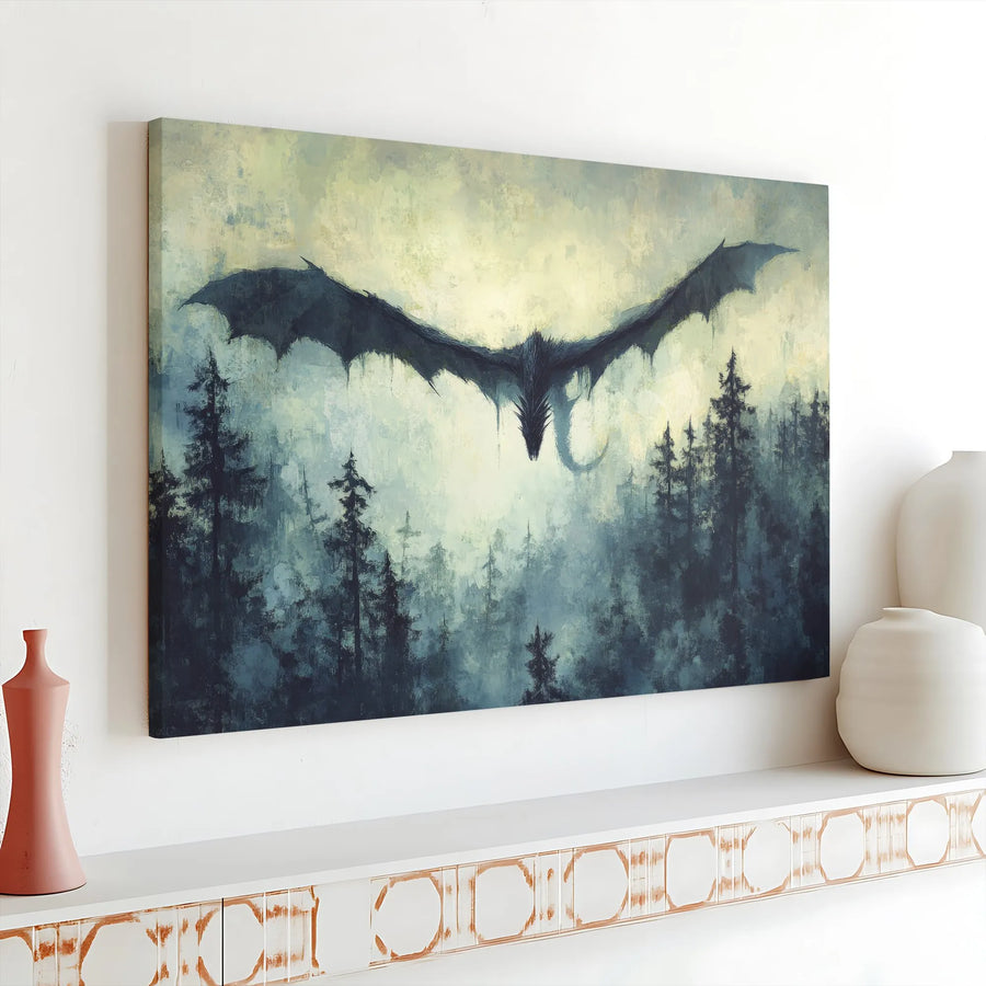 Dark Fantasy Dragon Canvas Wall Art | Gothic Dragon Over Misty Forest | Premium Gallery Quality Print | Collector's Gift for Fantasy Lovers