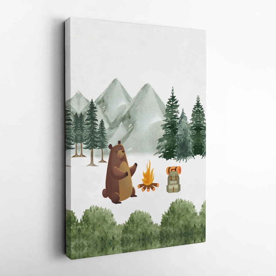Camping Bear Canvas Wall Art | Watercolor Forest & Mountain Scene | Premium Gallery Wrapped Print | Gift for Kids Room & Nursery Decor