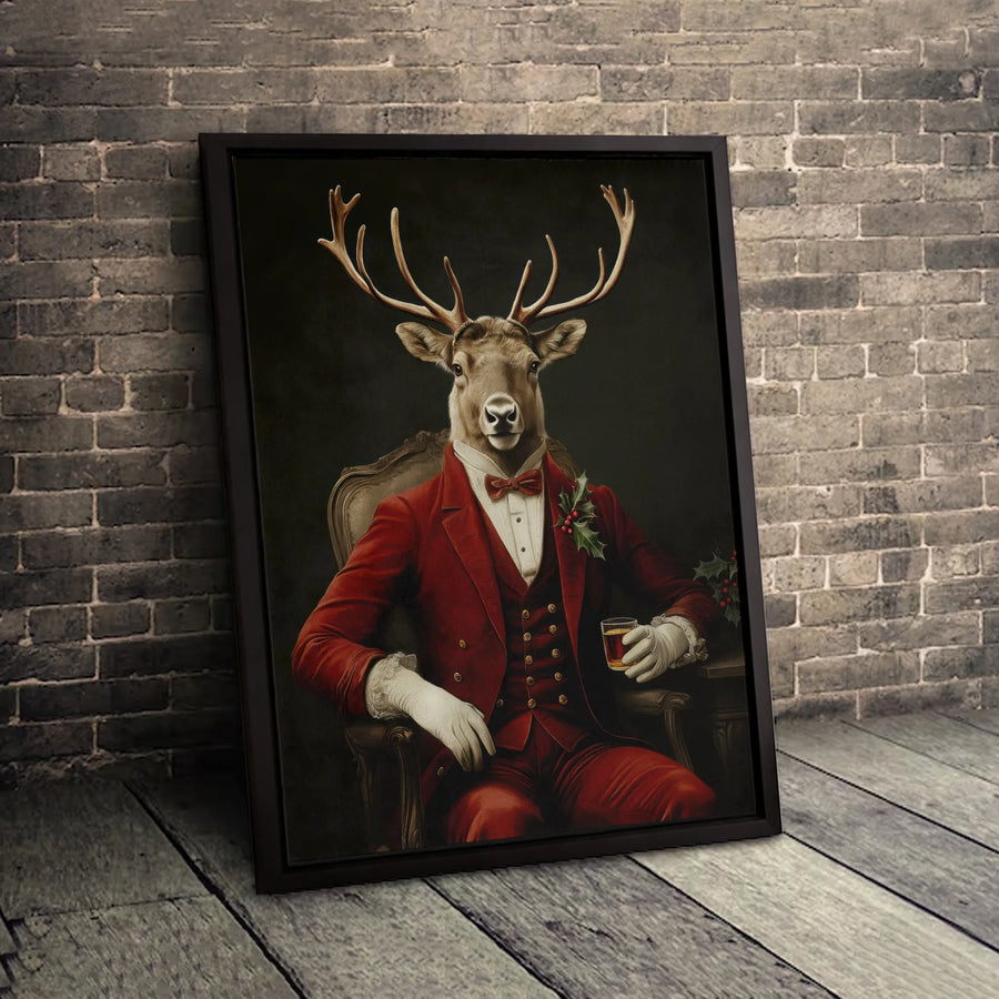 Gentleman Deer Canvas Wall Art | Dapper Reindeer in Christmas Red Suit | Premium Gallery Wrapped Print | Festive Holiday Home Decor Gift
