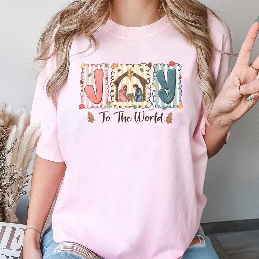 Joy To The World T-Shirt | Christian Nativity Christmas Graphic | Premium 100% Cotton Tee | Religious Holiday Gift For Men And Women
