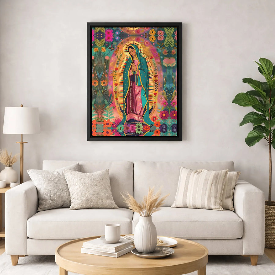 Our Lady of Guadalupe Canvas Print | Vibrant Folk Art Floral Wall Decor | Premium 1.25 inch Gallery Wrap | Religious Home Gift