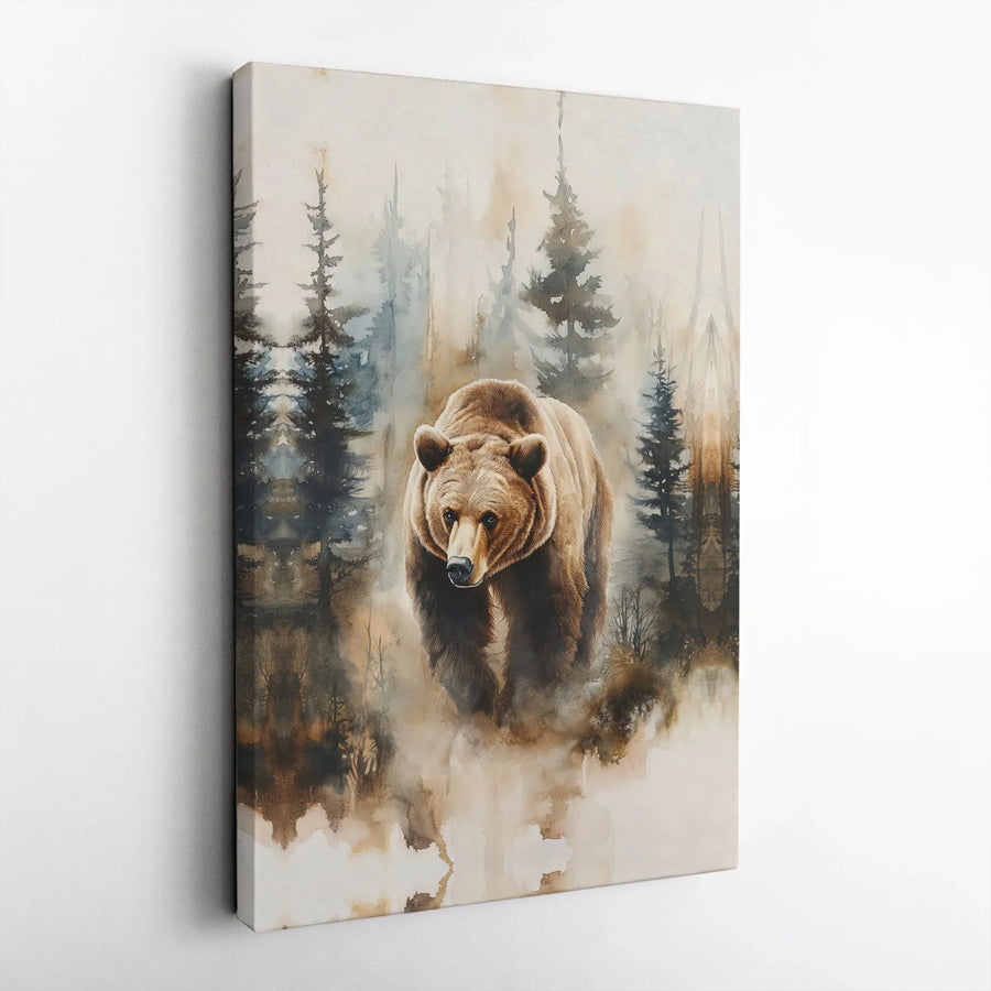 Grizzly Bear Canvas Wall Art | Watercolor Misty Forest Painting | Premium Gallery Wrap Canvas | Rustic Cabin & Lodge Decor Gift
