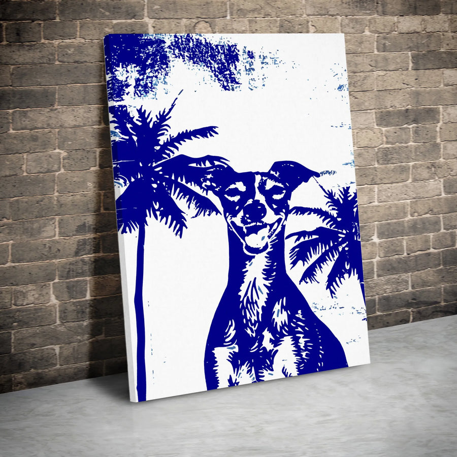 Dog Wall Art Canvas | Tropical Palm Tree Blue Coastal Decor | Gallery Wrap Premium Print | Beach House Modern Home Gift