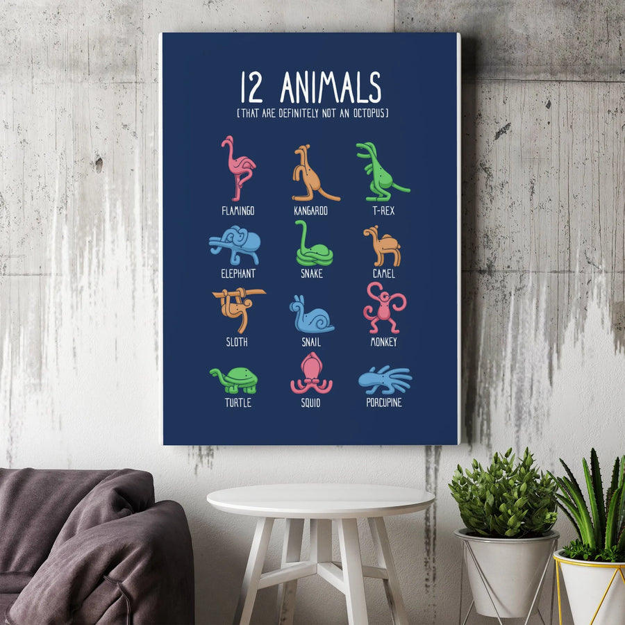 Funny Octopus Joke Canvas Art | 12 Animals That Are Not an Octopus | Premium Thick Canvas Print | Unique Gag Gift for Marine Biologist or Nerd