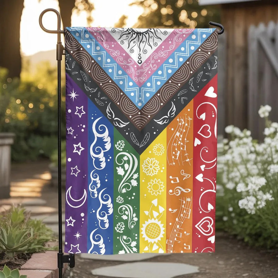 LGBTQ Pride Progress Garden Flag | Vibrant Boho Rainbow Patterned Design | Double-Sided Premium Weather Resistant Polyester | Outdoor Yard Decor Gift for Pride Month