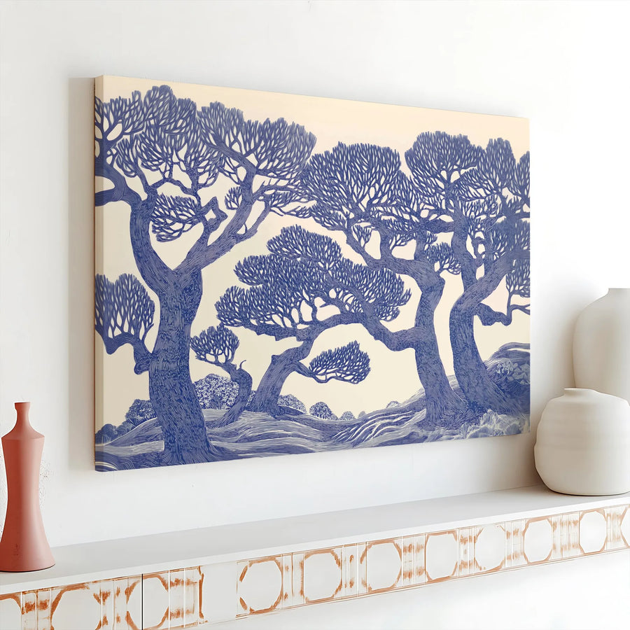 Blue Tree Landscape Canvas Wall Art | Linocut Style Botanical Print | 1.25" Gallery Wrap Premium Canvas | Modern Home Office Decor Gift