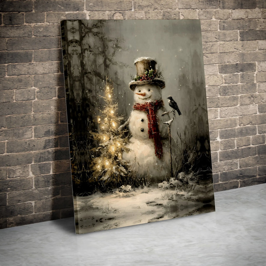 Vintage Snowman Canvas Wall Art | Rustic Christmas Tree With Bird Print | Premium Gallery Wrap Decor | Holiday Gift For Winter Home