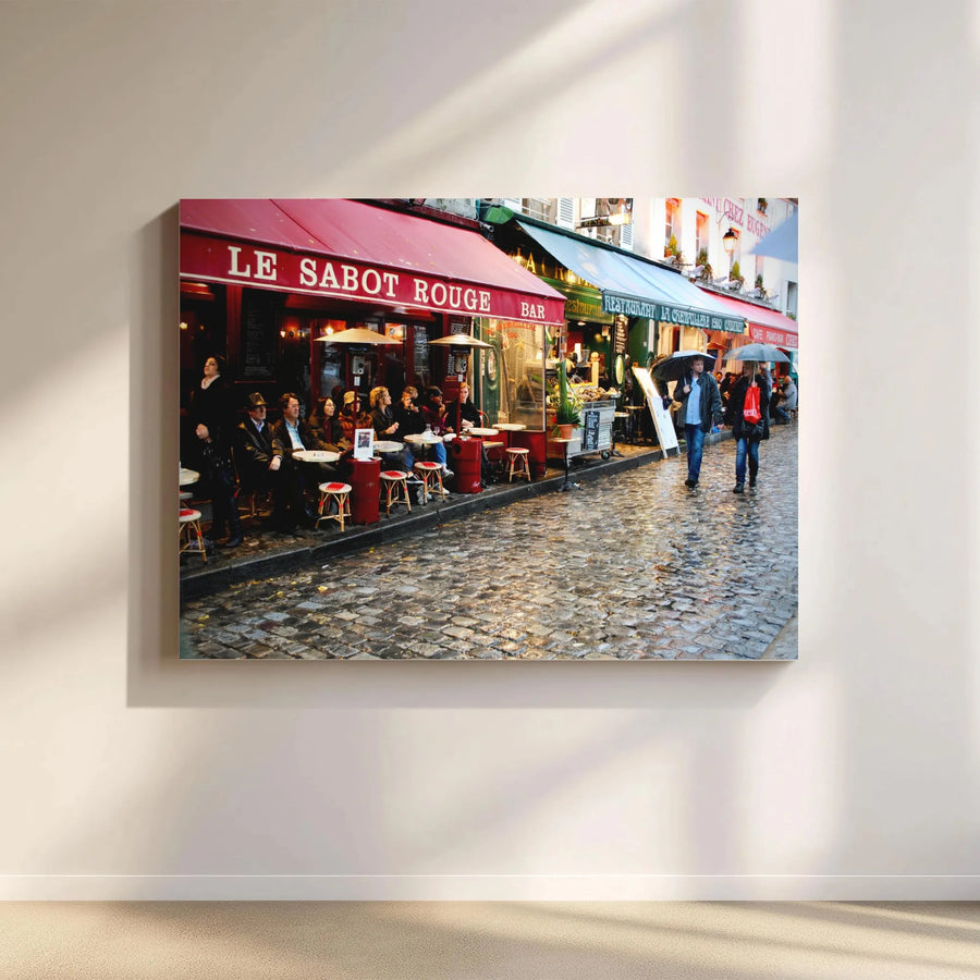 Paris Street Cafe Canvas Art | Rainy Cobblestone French Bistro Scene | Premium Gallery Wrap Print | Romantic European Home Decor Gift
