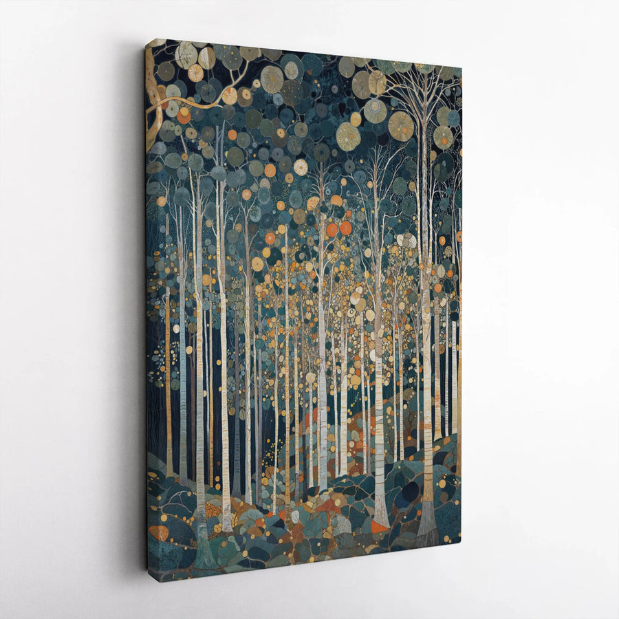 Abstract Birch Tree Forest Canvas Wall Art | Whimsical Circular Leaf Pattern | Gallery-Wrapped Premium Print | Nature-Inspired Home Decor Gift