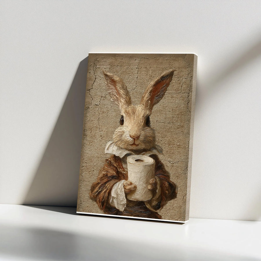 Funny Bathroom Canvas Art | Renaissance Rabbit with Toilet Paper | Premium Gallery Wrapped Wall Decor | Unique Housewarming Gift