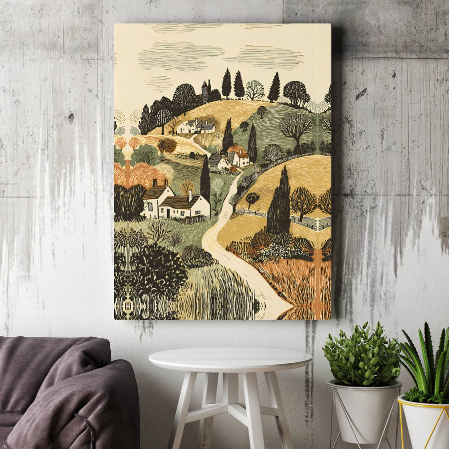 Countryside Landscape Canvas | Vintage Woodcut Style Village Scene | Premium Gallery Canvas | Farmhouse Home Decor Gift