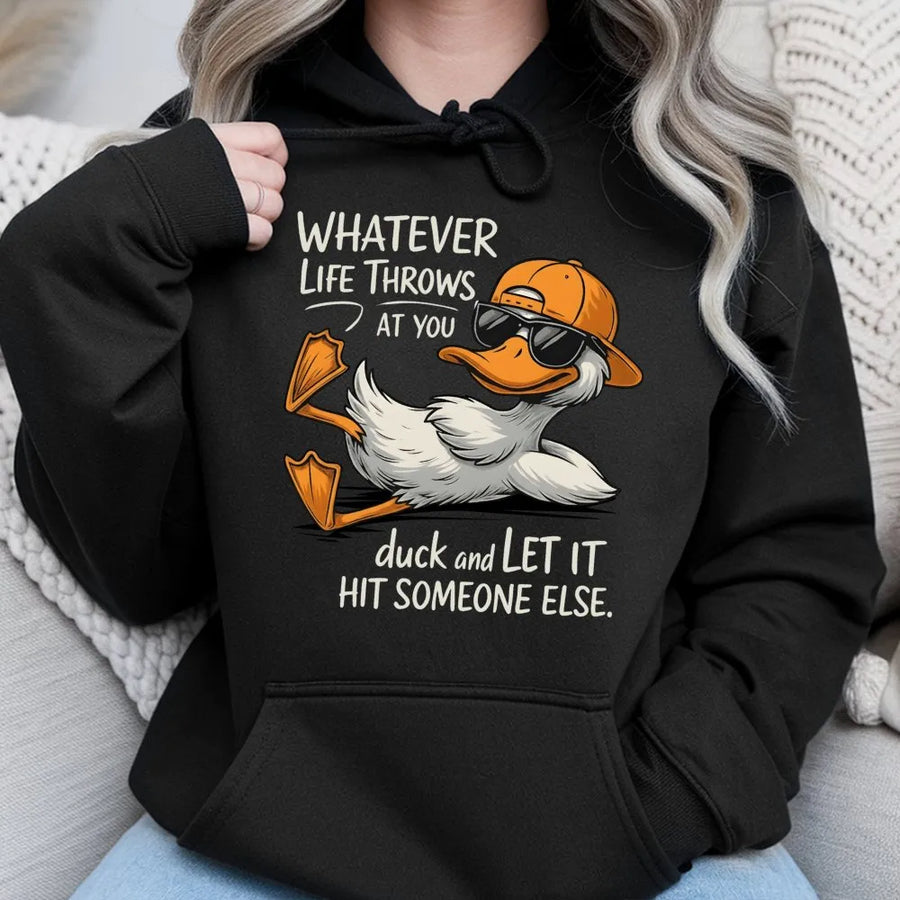 Whatever Life Throws At You Duck Hoodie | Funny Retro Cool Duck Graphic | Premium Cotton Blend | Gift For Humor Lovers And Animal Fans