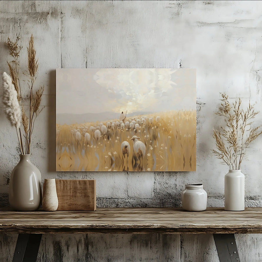 Jesus Good Shepherd Canvas Print | Pastoral Jesus Leading His Flock Art | Premium Fade-Resistant Canvas | Christian Home Decor Gift
