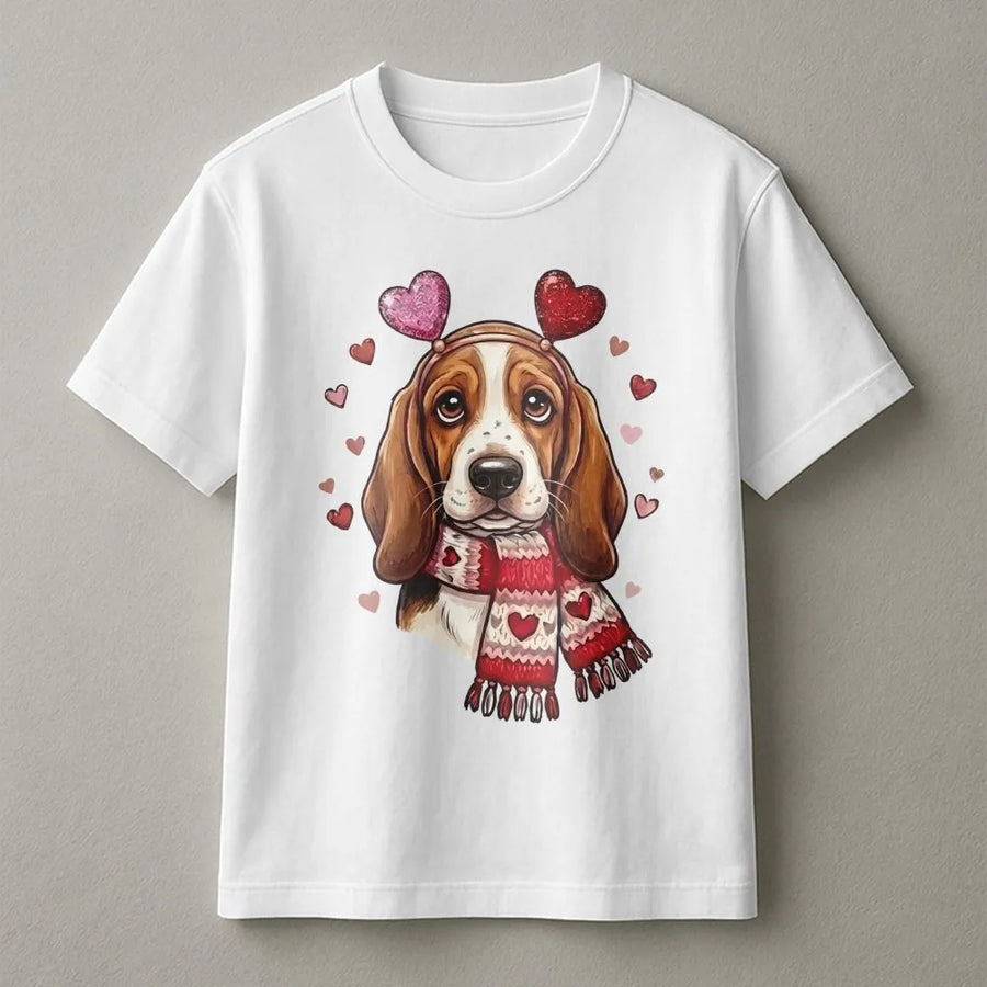 Basset Hound Valentine T-Shirt | Cute Dog With Hearts Scarf Graphic | Premium 100% Cotton Tee | Gift for Dog Moms and Animal Lovers