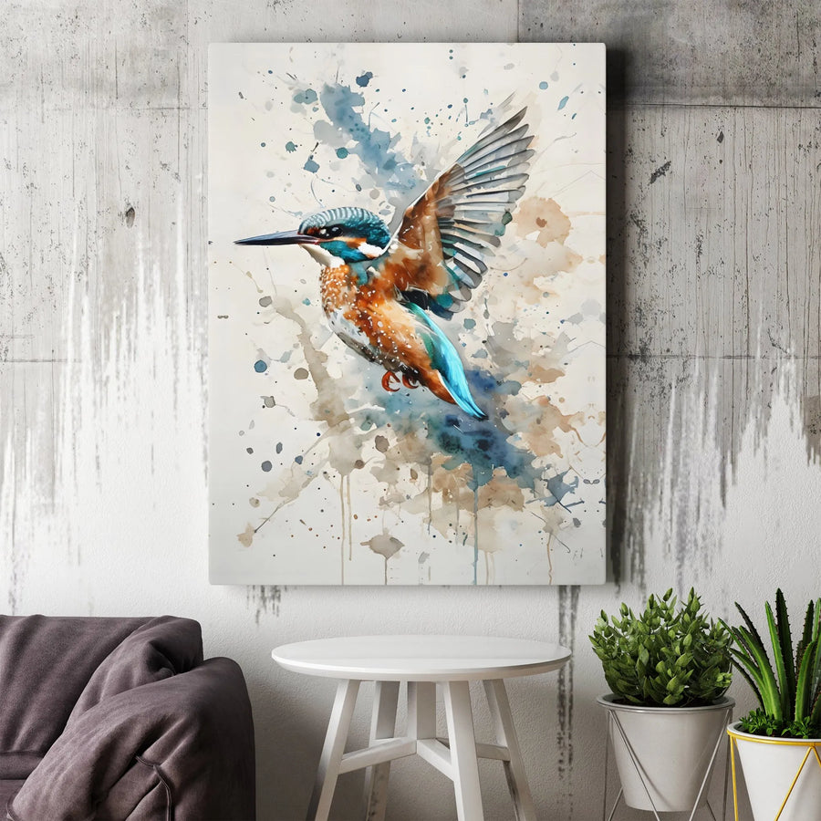 Kingfisher Bird Canvas Wall Art | Watercolor Splatter Print | 1.25-Inch Gallery Wrap | Nature Home Decor Gift for Bird Lovers