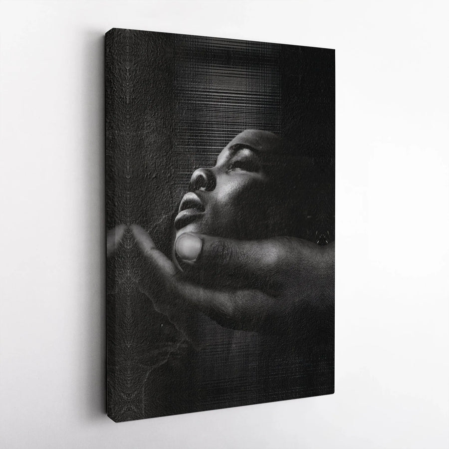 Black And White Portrait Canvas | Serene Face Cradled In Hand Art | 1.25 Inch Gallery Wrap | Modern Home Decor Wall Art