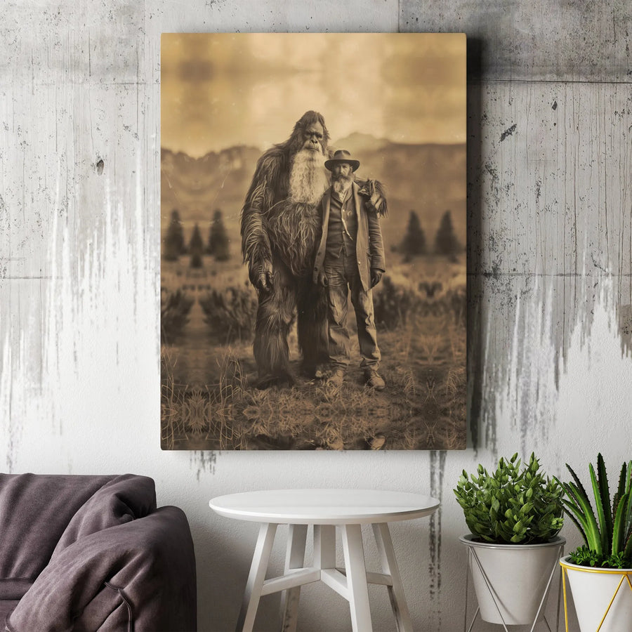Bigfoot Canvas Wall Art | Vintage Sasquatch and Man Photo | Premium Gallery Wrapped Canvas | Collector's Gift for Cryptozoology Fan