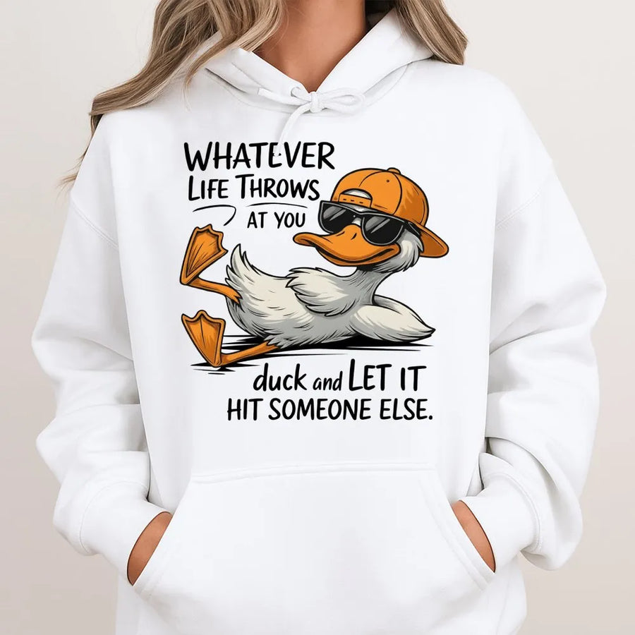Whatever Life Throws At You Duck Hoodie | Funny Retro Cool Duck Graphic | Premium Cotton Blend | Gift For Humor Lovers And Animal Fans