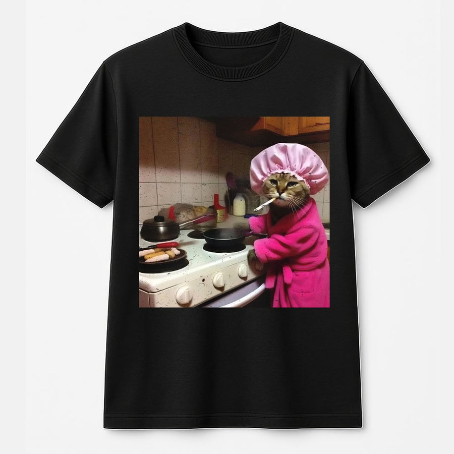 Funny Cooking Cat T-Shirt | Sassy Cat In Pink Shower Cap Graphic | Premium Cotton Unisex Tee | Quirky Meme Gift For Cat Lovers