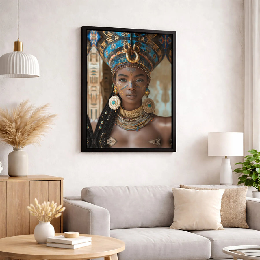 Egyptian Queen Canvas Art | Regal African Goddess in Gold Headdress | Premium 1.25-Inch Gallery Wrap | African American Decor for Home