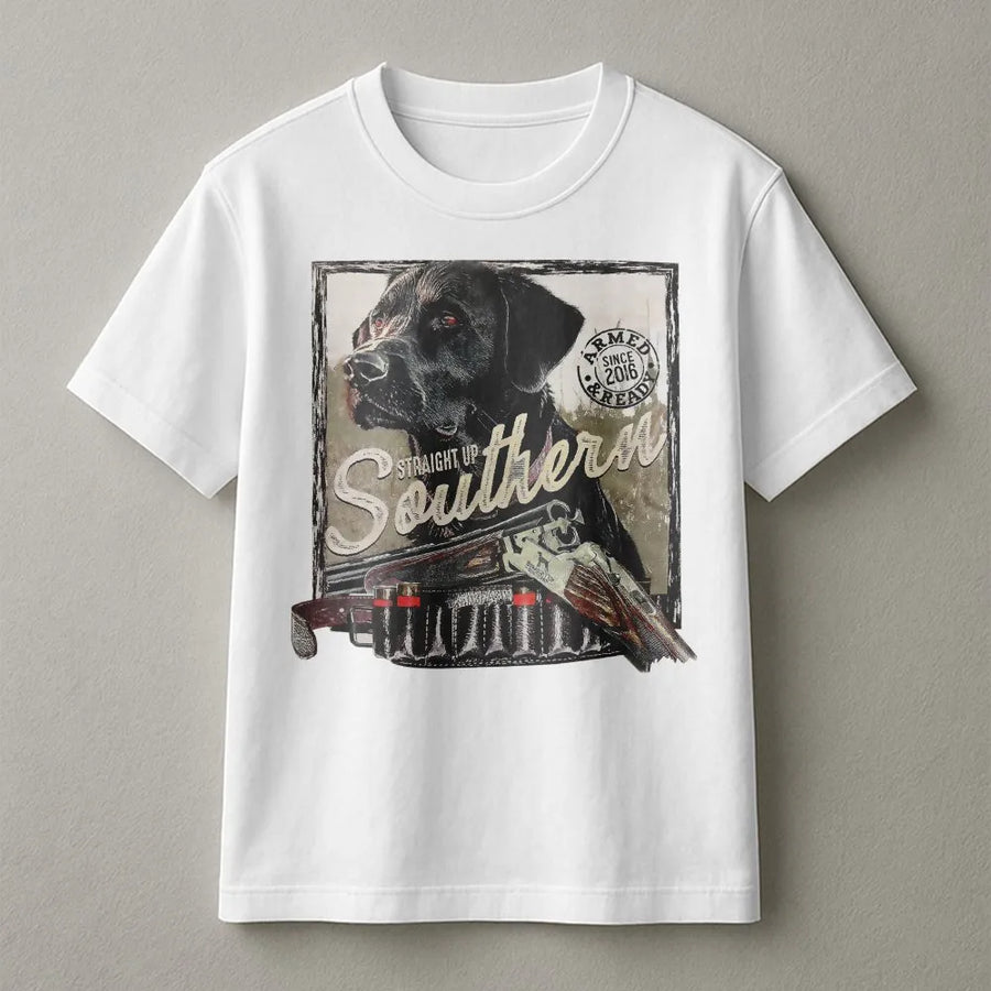 Southern Hunting T-Shirt | Black Lab Retriever & Shotgun Graphic | Premium Cotton Blend Sweatshirt | Gift for Outdoorsman and Dog Lover
